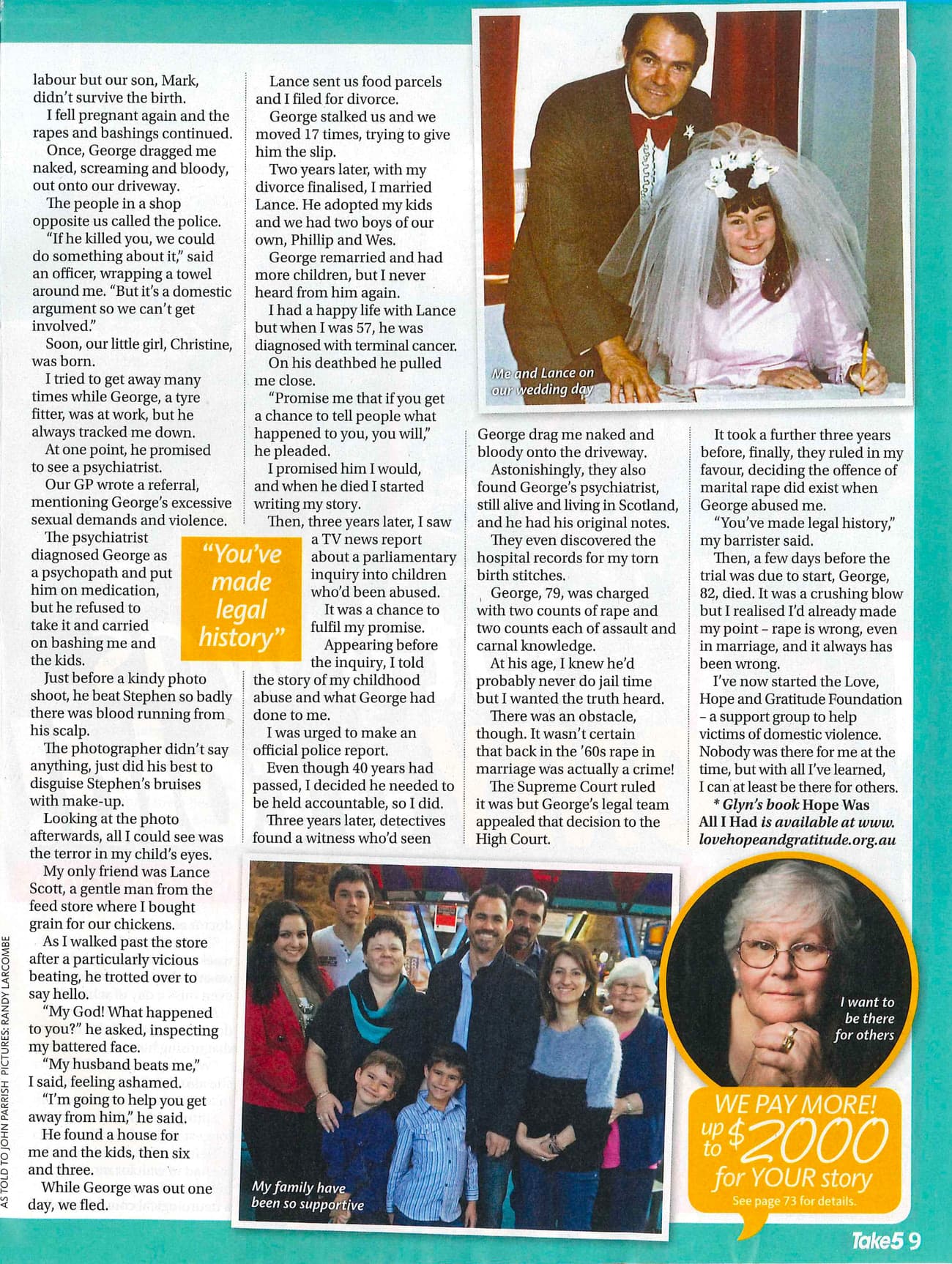 Take 5 magazine, page 9. The article continues beside photos of Glyn and Lance on their wedding day and of Glyn with her family, and ends with a note that she has started the Love Hope and Gratitude Foundation.